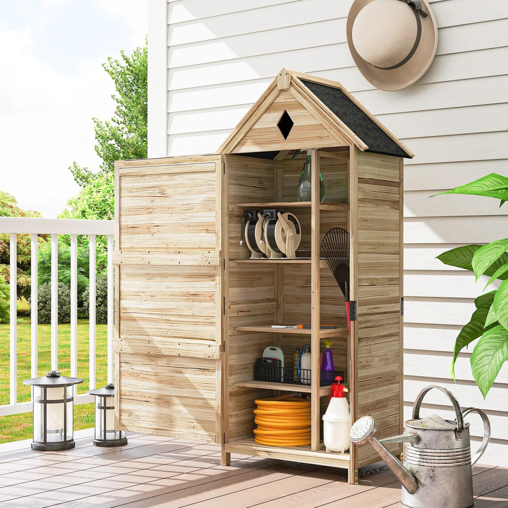 Outsunny Schowek Ogrodowy z 4 Półkami, Drewniany Schowek na Narzędzia, Wodoodporny Dach z Asfaltu, 80 x 49 x 170 cm, Jasnobrązowy