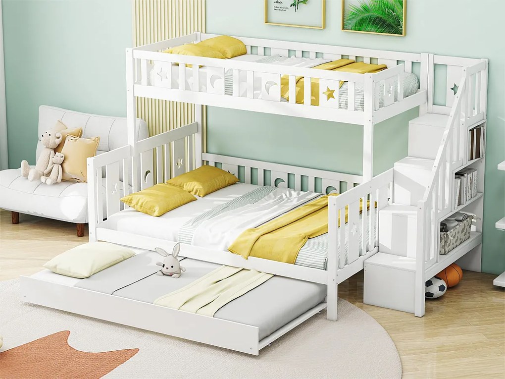 Łóżko piętrowe potrójne 90 x 200 cm + 140 x 200 cm + łóżko wysuwane 90 x 190 cm - lite drewno - stelaż w zestawie - białe