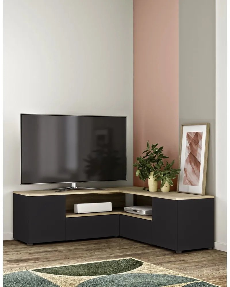 Czarna szafka pod TV w dekorze dębu 130x46 cm Angle – TemaHome