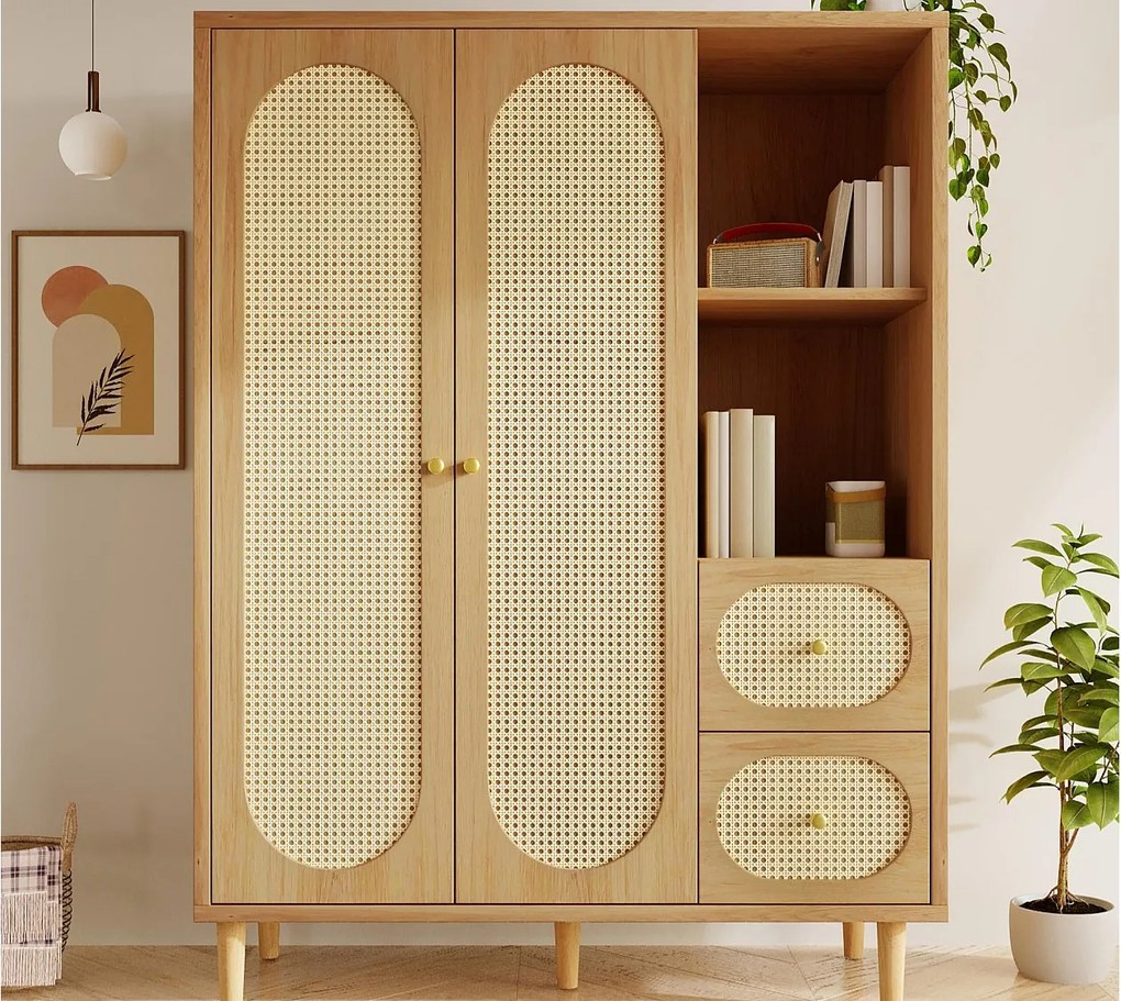 Szafa 120x44x161cm - Otwarte półki i wieszaki na ubrania - z 2 drzwiami z rattanu i 2 szufladami z rattanu - styl rustykalny - kolor dębowy