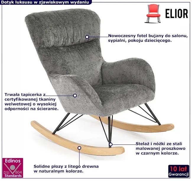 Popielaty tapicerowany fotel bujany R4-M65