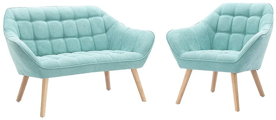 Kanapa 2-osobowa i fotel CASERTA z tkaniny w kolorze turkusowym