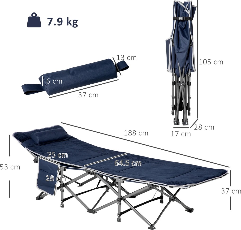 Outsunny Składane Łóżko Campingowe z Poduszką, 188 x 64,5 x 53 cm, Granatowe