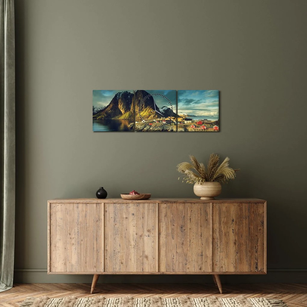 Obraz wioski rybackiej w Norwegii (z zegarem) (90x30 cm)