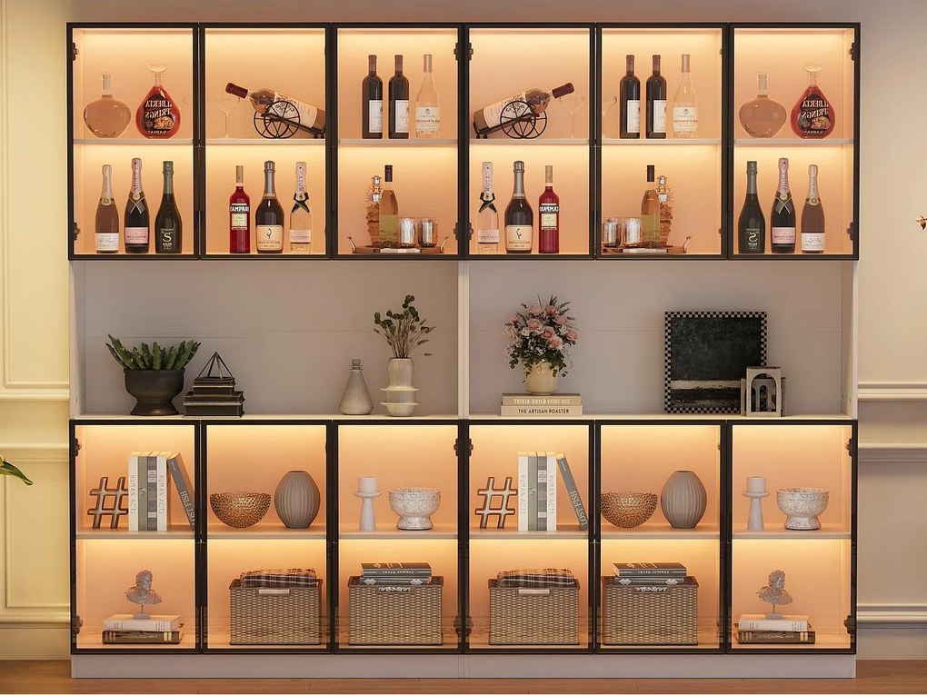 Nowoczesna witryna 240x34x200 cm - Oświetlenie LED - 12 drzwi szklane - Otwarta przestrzeń do przechowywania - MDF - Biały