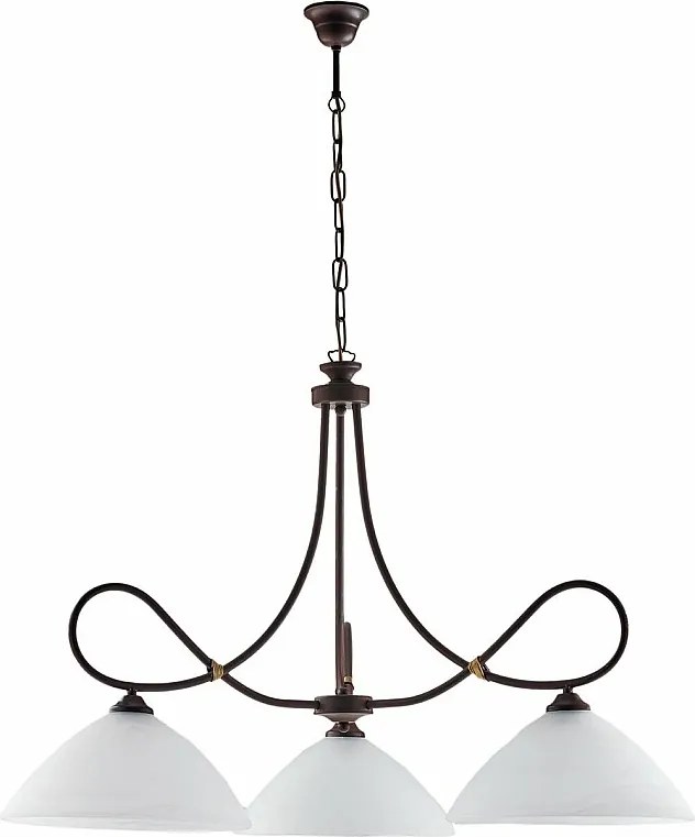 Dallas – żyrandol z czarnego lakierowanego żelaza, dekor imitujący rdzę, stare złoto, klosze z białego szkła alabastrowego Ø13 cm, 3 światła