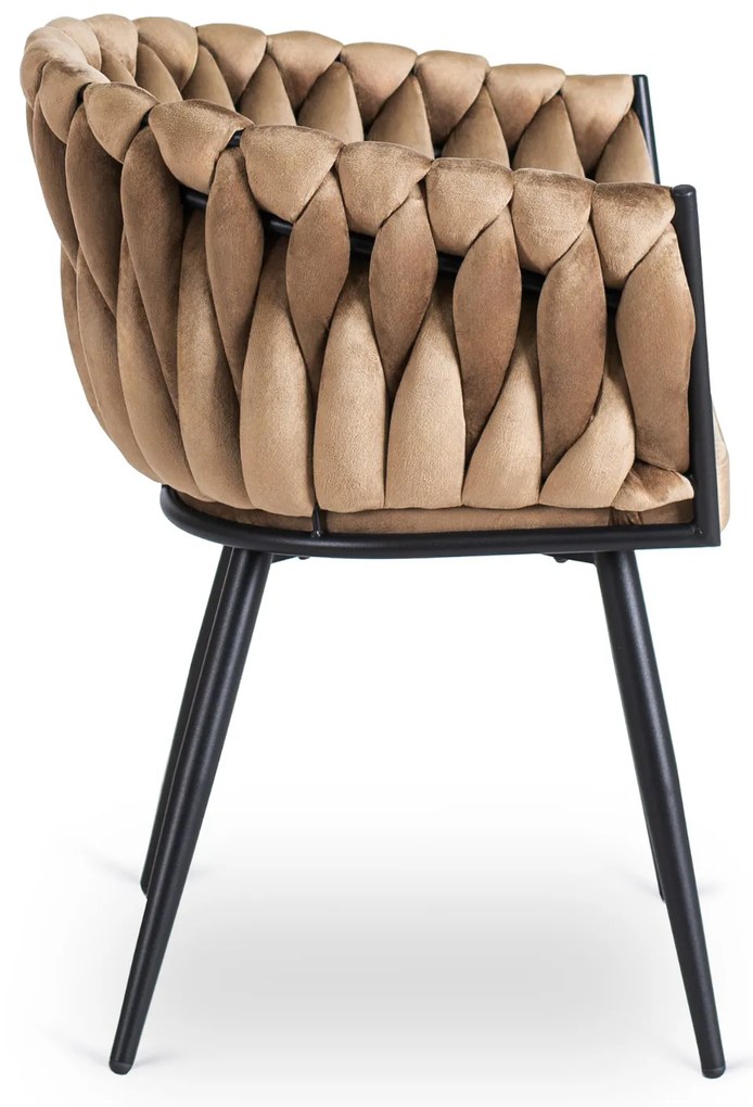 Krzesło Tapicerowane Plecione do Salonu ELENA Beżowe Welurowe Nowoczesne Loft