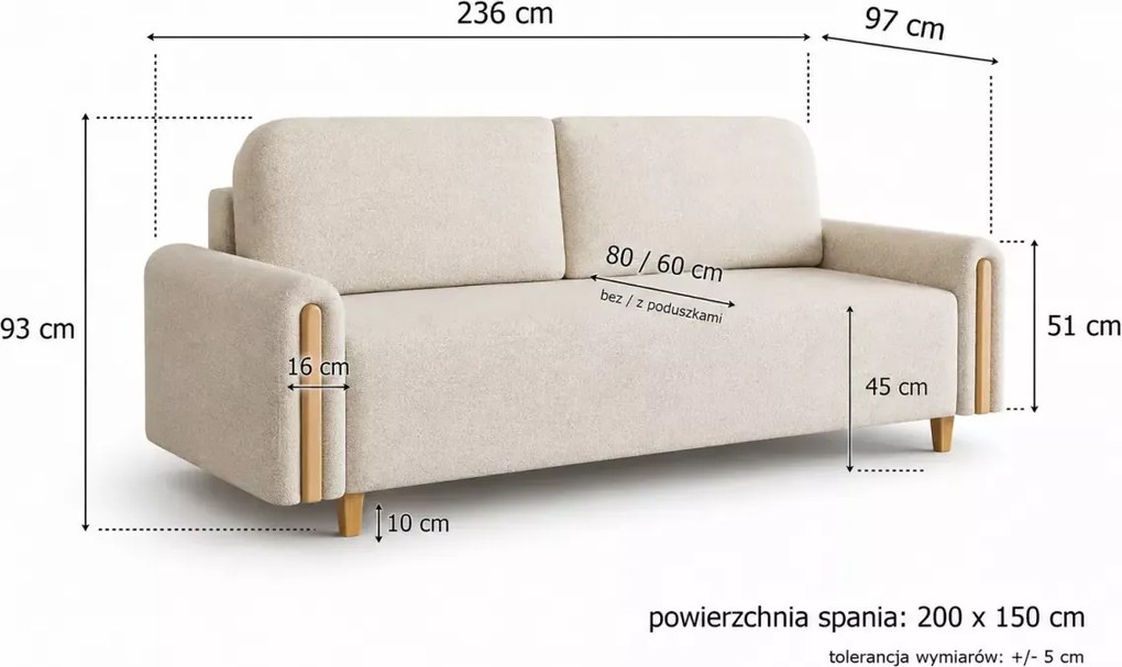 Kanapa Frosty z funkcją spania i pojemnikiem na pościel