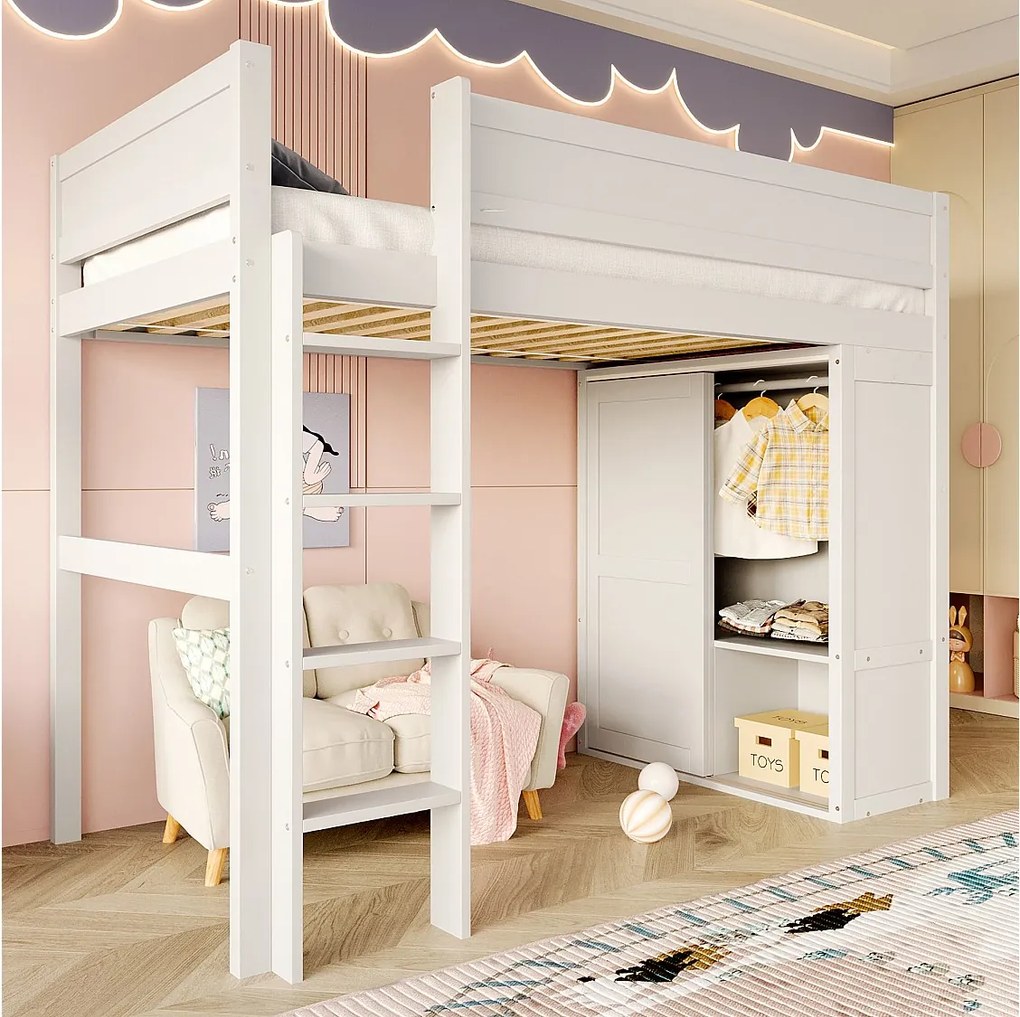 Łóżko piętrowe dla dzieci - 90 x 200 cm - z szafą + schowkiem - sosna + płyta MDF - białe
