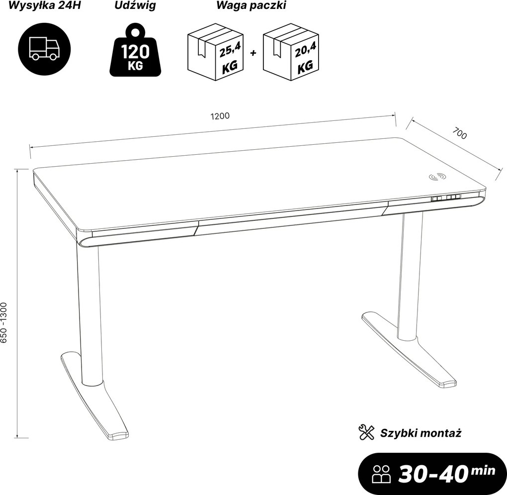 Biurko elektryczne sit-stand z szufladą i ładowarką bezprzewodową Qi czarne/orzech, 1200 mm: ELLIS