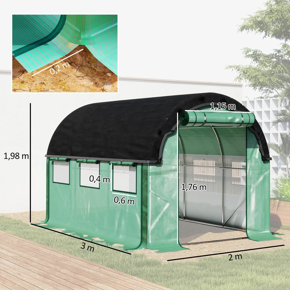 Outsunny 3 x 2 x 2 m Szklarnia tunelowa z siatką przeciwsłoneczną, zwijanymi bocznymi ścianami, pokryciem plastikowym, ramą stalową, Zielona