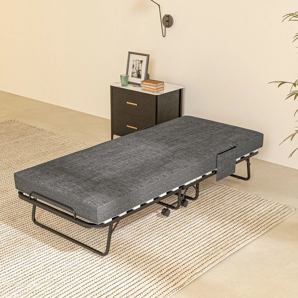 HOMCOM Łóżko Składane, Materac, 4 Koła, Stelaż Metalowy, do 150 kg, 190 x 80 x 42 cm, Ciemnoszary
