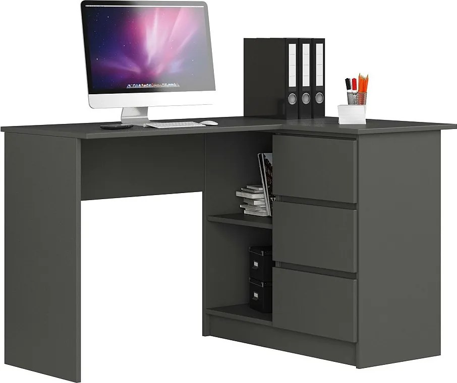 Biurko narożne AKORD B16 Grafit Szary 124 cm prawe 3 szuflady kolor Grafit Szary mat 2 półki 124x85x77 cm