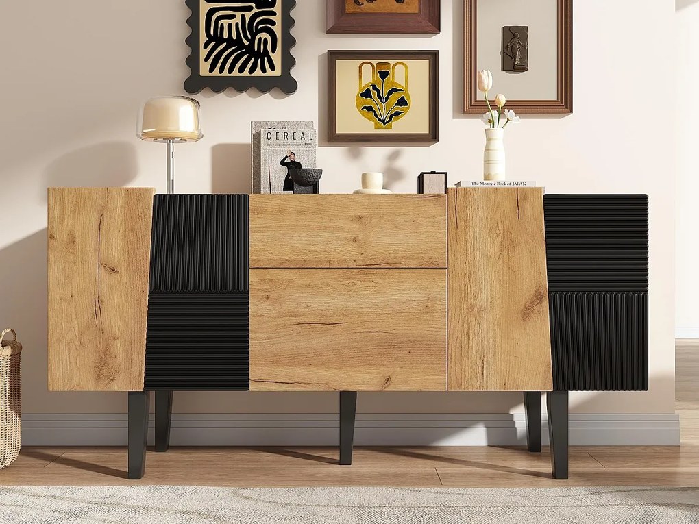 Bufet z 4 drzwiami i 2 szufladami - Naturalny i Czarny