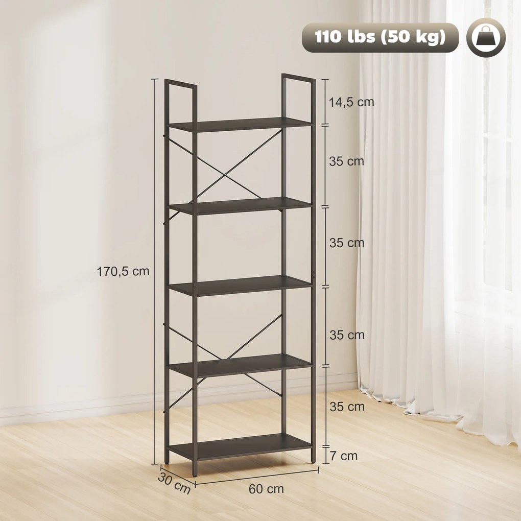 HOMCOM Regał na książki, stojący regał 5 półek, industrialny regał biurowy z metalowym stelażem, otwarty regał do przechowywania do salonu, biura, gabinetu, 60x30x170,5 cm, Czarny