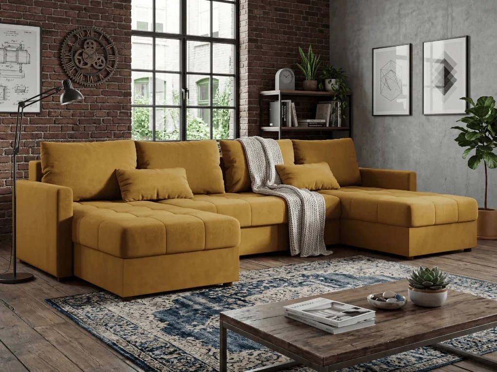 Rozkładana sofa narożna w kształcie U VENORIA 285x146 cm, musztardowa + 2 poduszki GRATIS