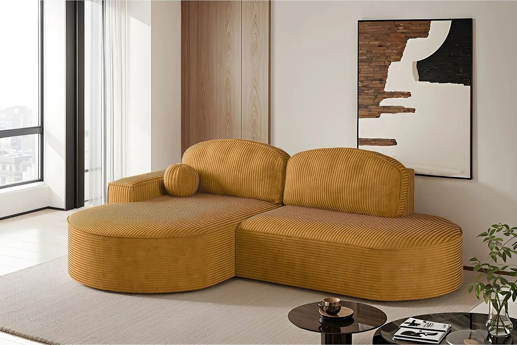 Narożnik z funkcją spania i pojemnikiem Modena Runden, tkanina Poso, Musztardowy, Lewy