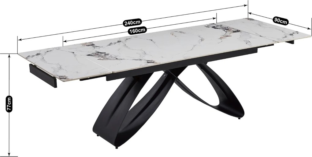 Rozkładany stół z ceramicznym blatem Luigi 160-240 cm, biały marmur/czarny