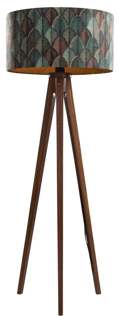 Lampa podłogowa z orzechowego drewna z aksamitnym abażurem o wzorze liści 50 cm - Tripod Classic