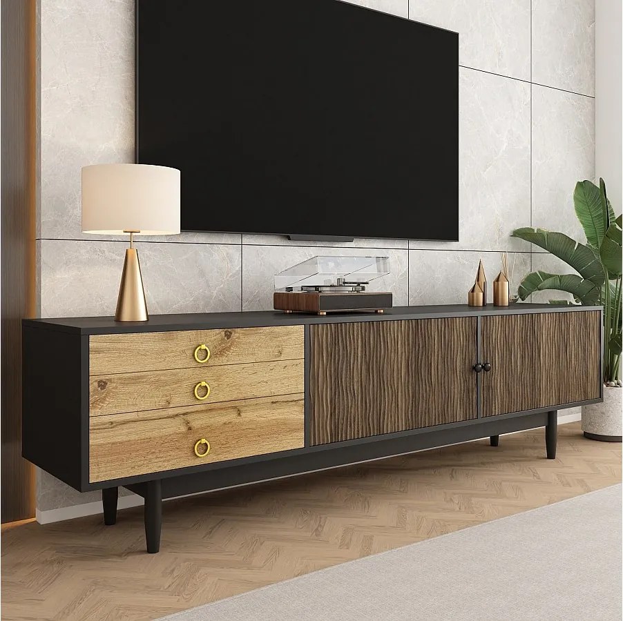 Czarno-drewniana szafka pod telewizor - szafka pod telewizor z 2 drzwiami i 3 szufladami - złote uchwyty i wzór fali