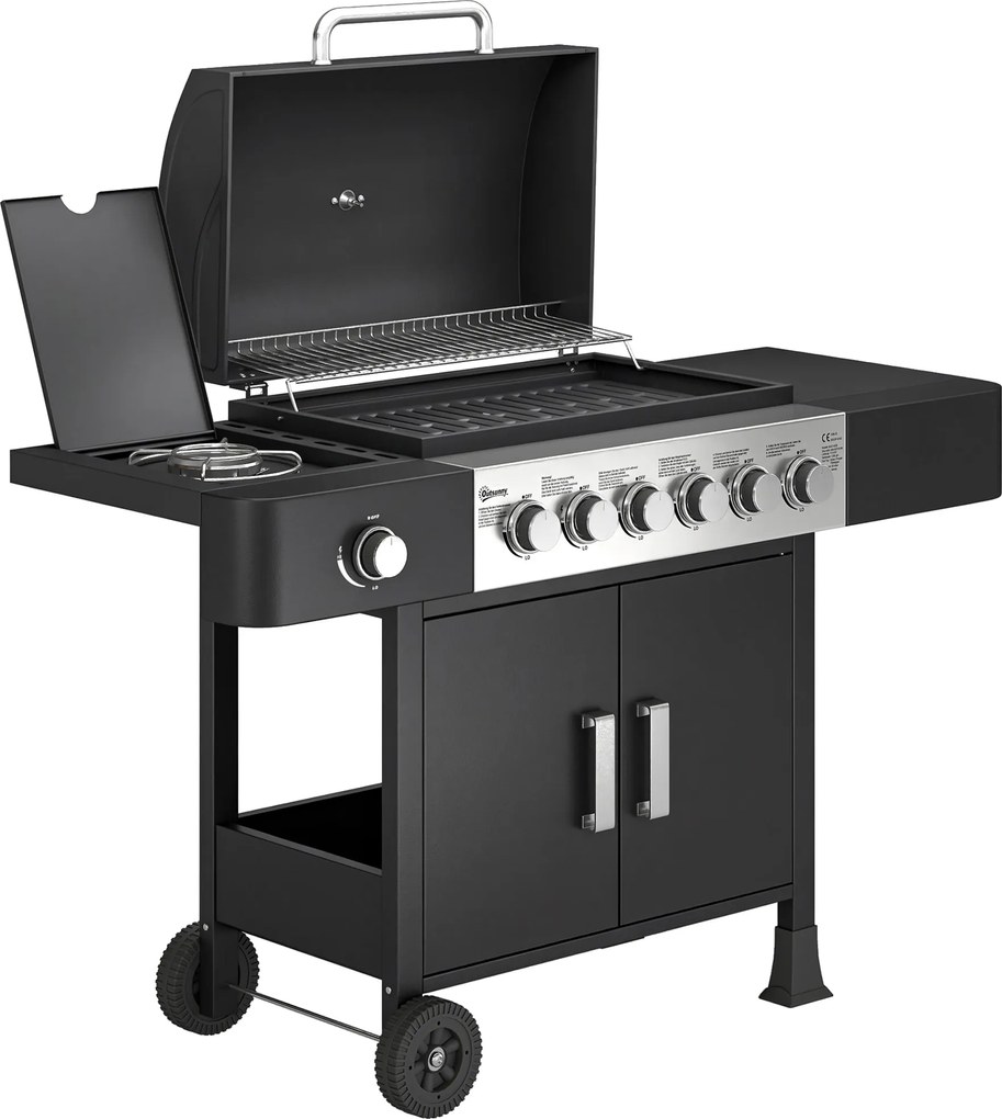 Outsunny Grill gazowy 17,8 kW 6+1 palników Wózek BBQ ze stali nierdzewnej z kółkami Palnik boczny Termometr Emaliowany ruszt | Aosom PL