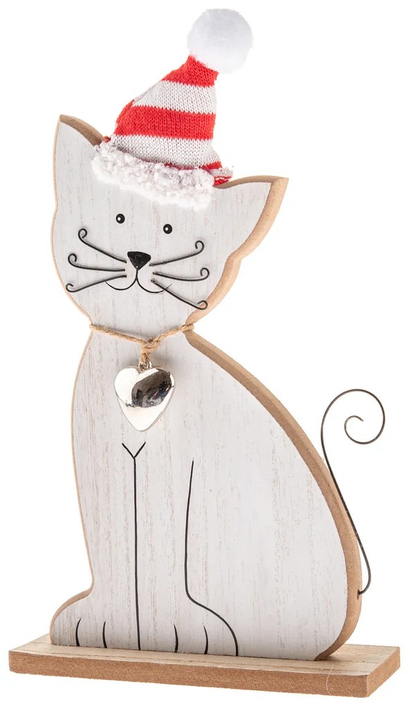 Drewniany kot z dzwoneczkiem i czapką z dzianiny, 29 cm
