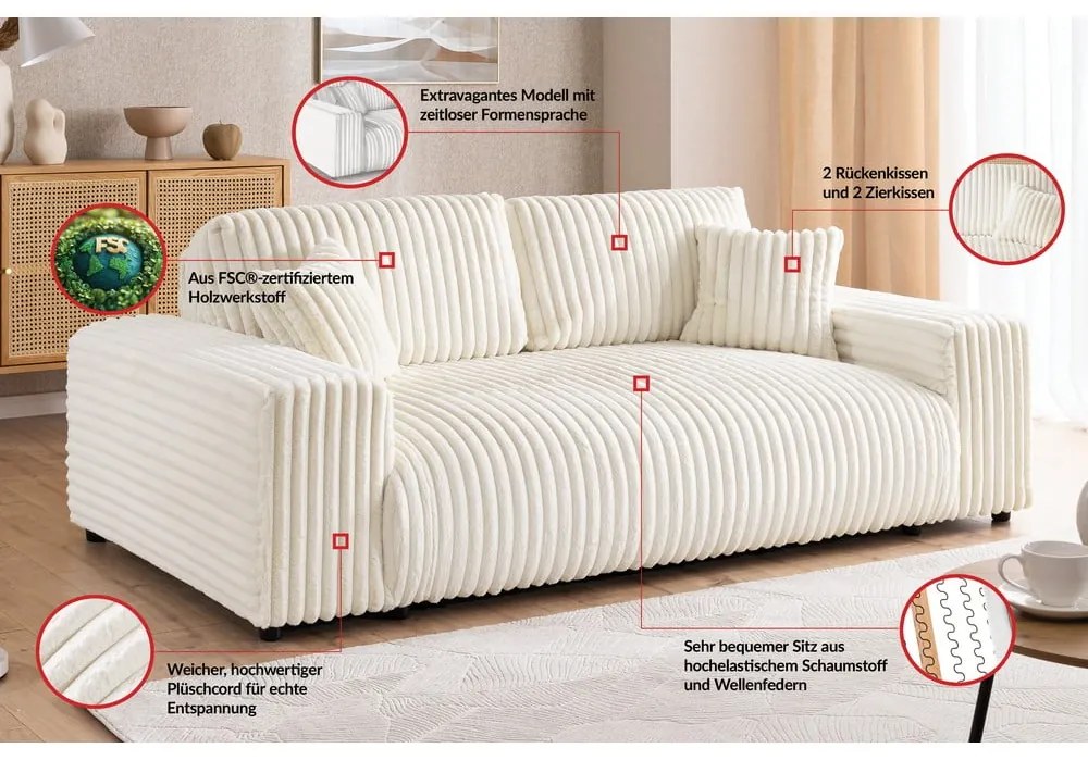 Kremowa sztruksowa sofa 178 cm Justin – Ropez