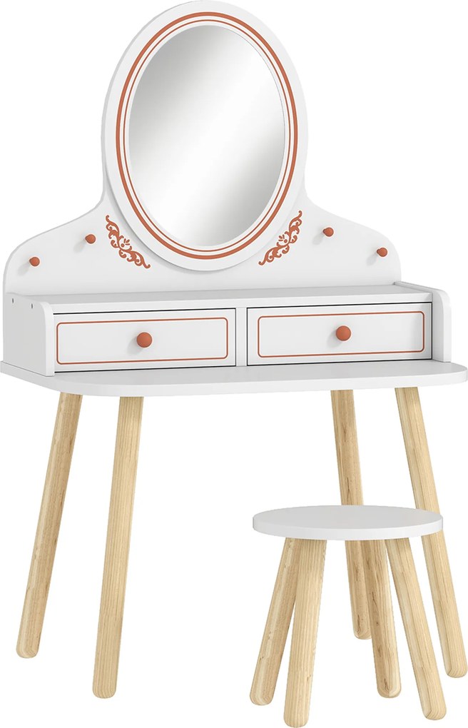 AIYAPLAY Dziecięcy Stolik do Makijażu Zestaw z Taboretem Lustrem Szufladami Drążkami na Ubrania dla 3-8 Lat 56 x 38 x 87,8 cm Biały | Aosom PL