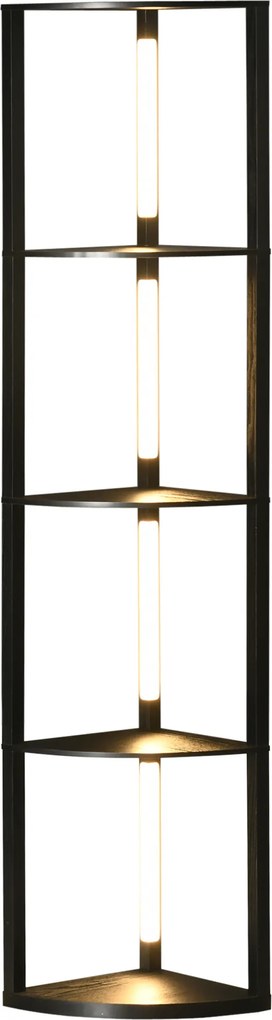 HOMCOM LED Lampa podłogowa, Regał Narożny, regulowana, 4 półki, ciepłe białe światło, 41x30x164cm, Czarna