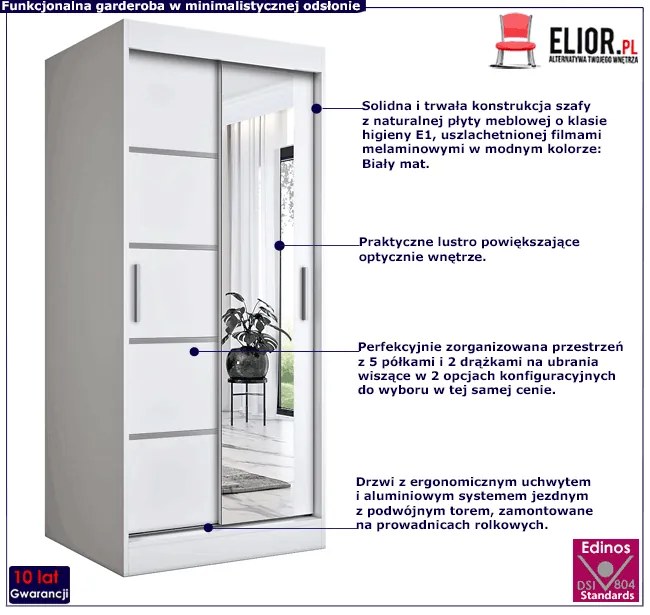 Biała szafa przesuwna z lustrem - Marmos 2X