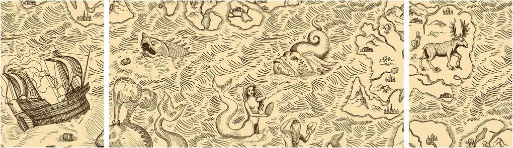 Obraz - Zabytkowa mapa, ilustracje (170x50 cm)