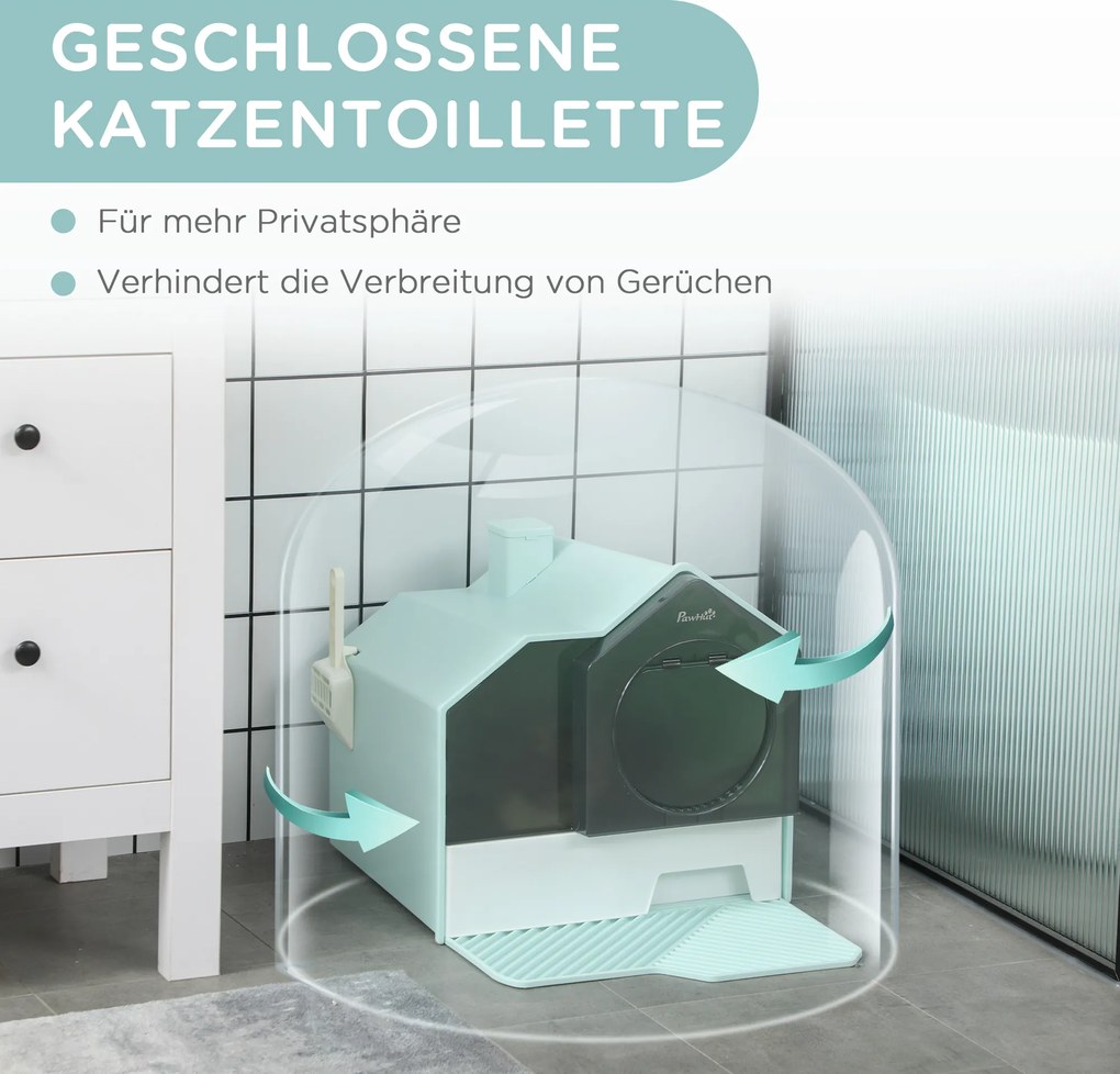 PawHut Toaleta dla kotów, Design chatki, 1 Mata filtrująca, 1 Łopatka do żwirku, wymienna podstawka, Zielony + Biały
