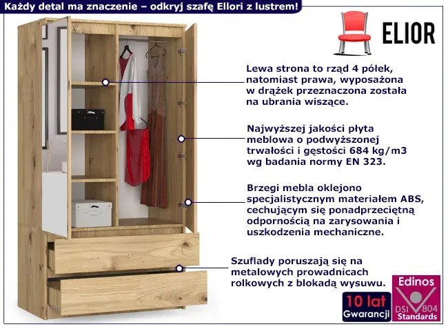 Szafa z lustrem na ubrania dąb artisan Erna