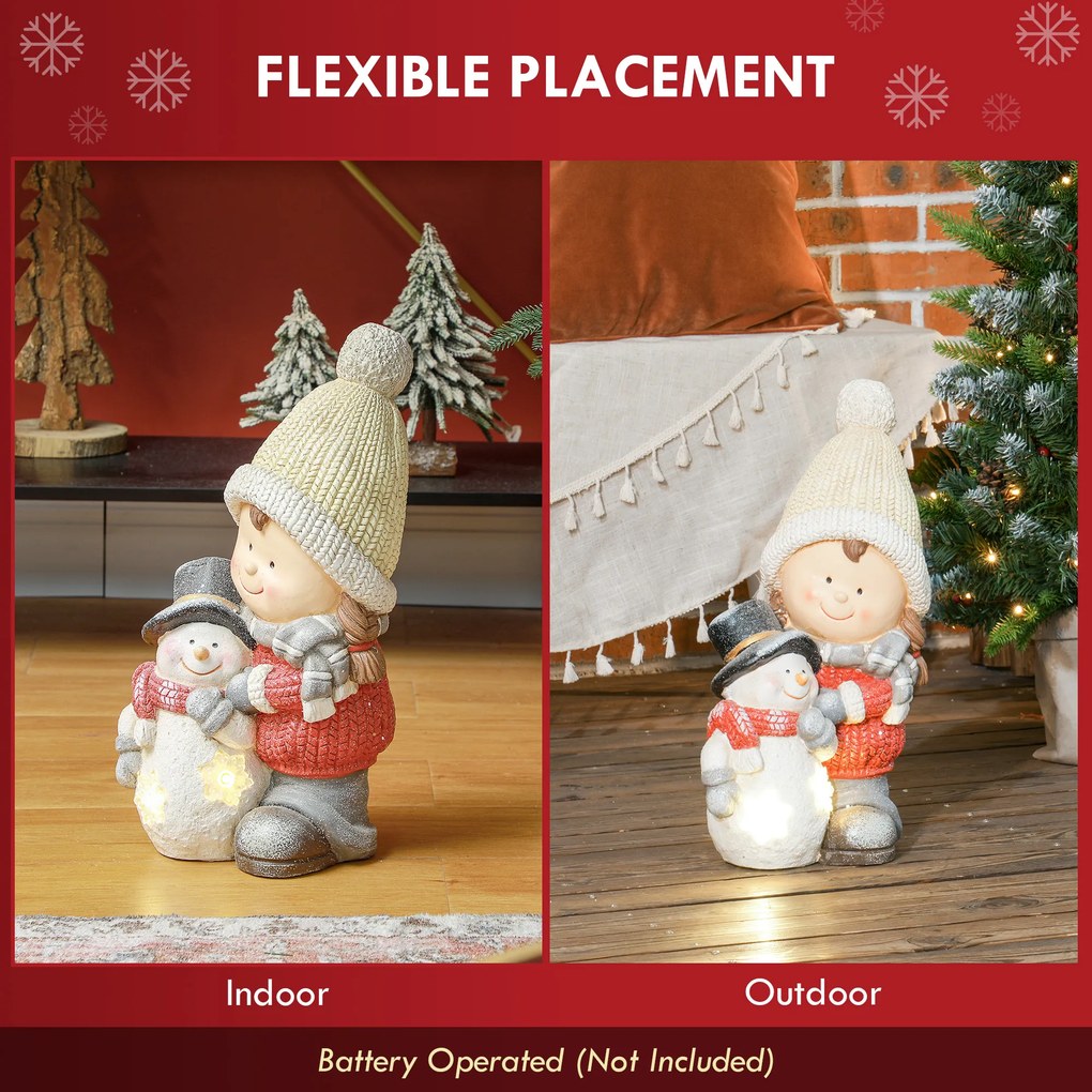 HOMCOM Elf z bałwanem, ogrodowa figurka, 4 diody LED, na baterie, 25 x 18 x 45,5 cm