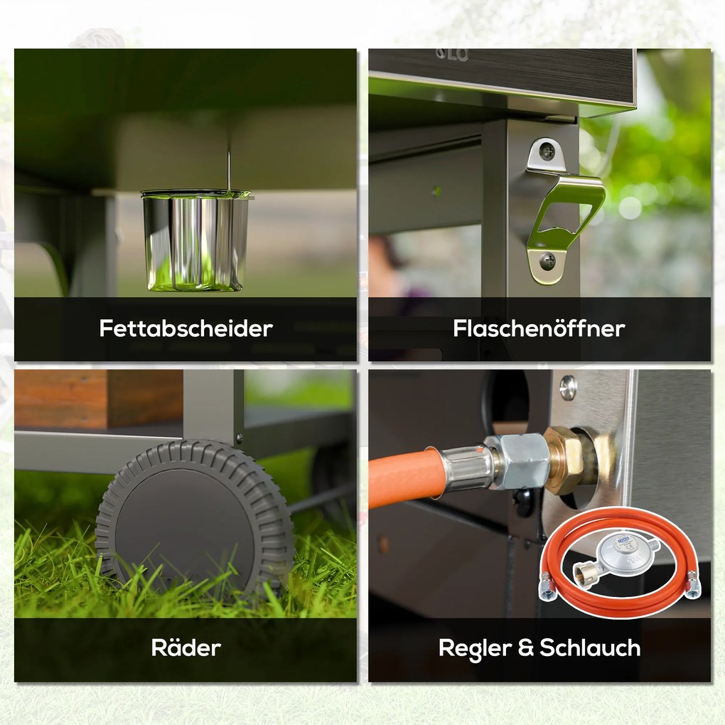 Outsunny Grill Gazowy BBQ, 4 Główne Palniki, 1 Boczny Palnik, 1 Płyta Do Podgrzewania; 135 x 55 x 103 cm, Czarny