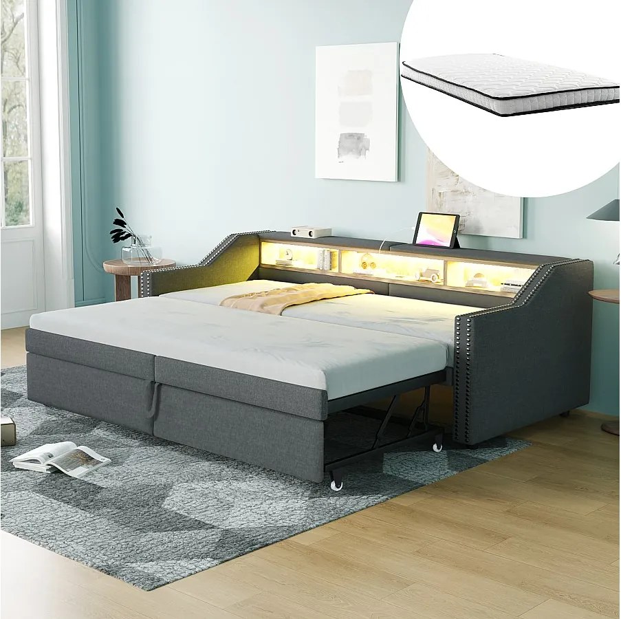 Rozkładana sofa rozkładana - 90/180 x 200 cm - z półkami do przechowywania + diody LED + USB - len + płyta MDF - ciemnoszara (z 2 materacami)