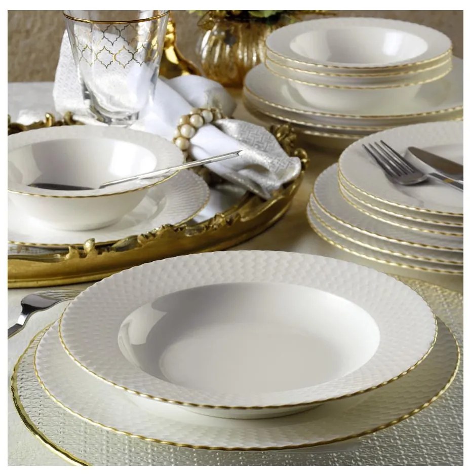 Zestaw obiadowy 18 szt. biały/złoty/porcelana