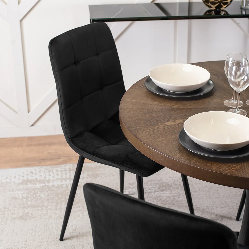 Zestaw Stół Okrągły LINO 100 cm Orzech/Czarny i 4 Krzesła Tapicerowane do Salonu PERU Czarne Welurowe Nowoczesne Loft