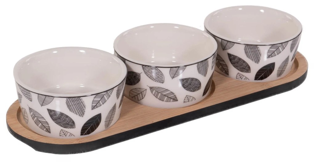 Zestaw do serwowania przekąsek: taca i 3 porcelanowe naczynia, Ø 10 cm