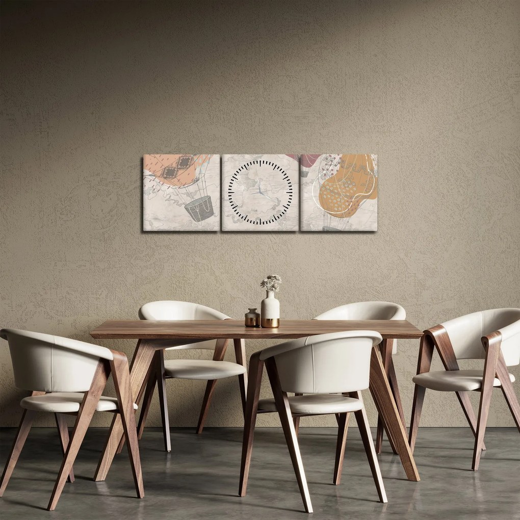 Obraz - Balony nad miastem, ciepłe odcienie (z zegarem) (90x30 cm)