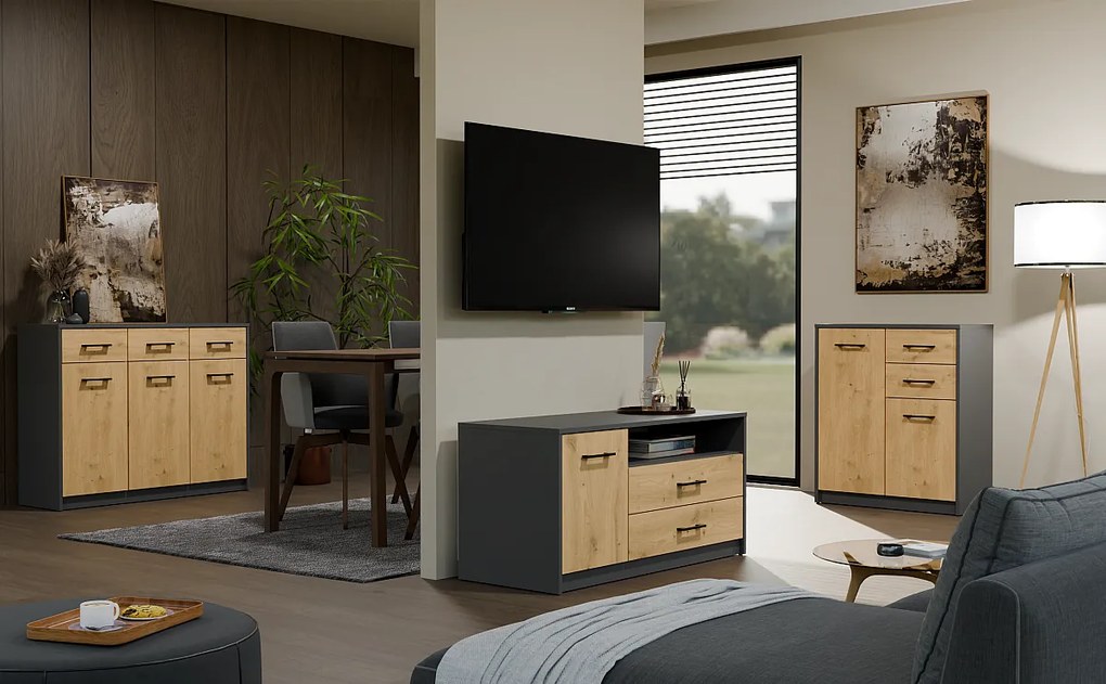 SIMPLO Szafka RTV 1D2S | Antracyt Dąb Artisan | 109x45x53 cm | Nowoczesny Stolik TV