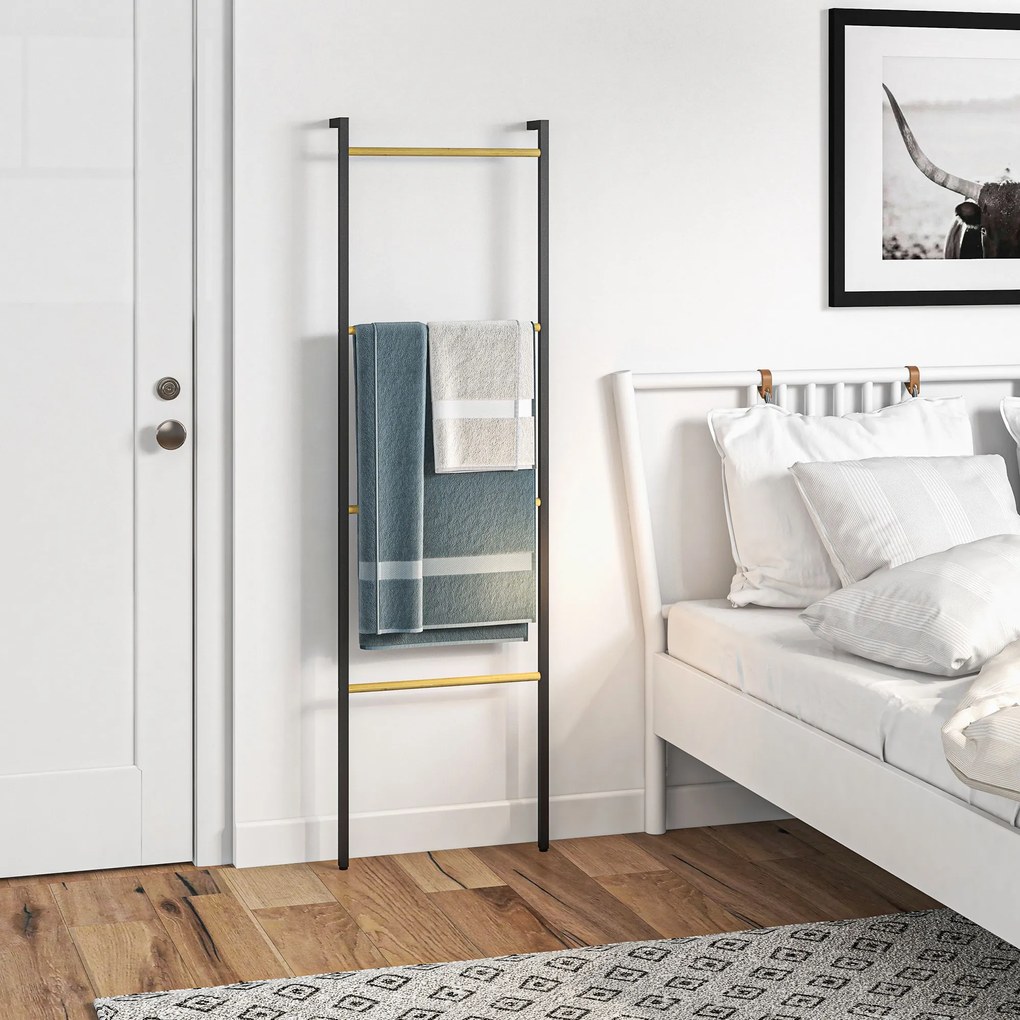 HOMCOM Stojak na ręczniki, wolnostojący, 4 szczeble, 49x5,5x167,5 cm, Czarny/Natur