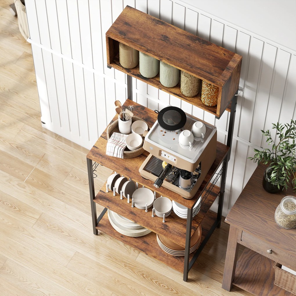 HOMCOM Regał kuchenny, regał stojący z 5 hakami S, 5 półkami, gniazdko, stalowy, Rustykalny brąz, 60 x 42 x 153 cm