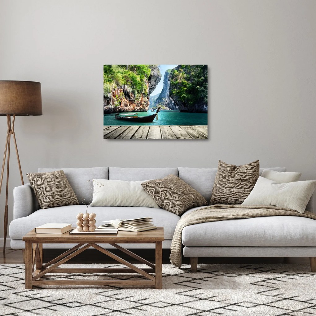 Obraz na szkle długiej łodzi na plaży (70x50 cm)