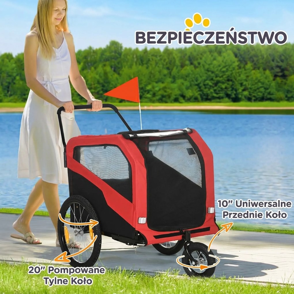 PawHut Przyczepa rowerowa dla dzieci, z odblaskami, 1 flaga, 170 cm x 77 cm x 90 cm, Czerwony