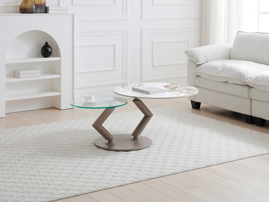 Stolik kawowy z obrotowymi blatami z ceramiki, szkła hartowanego i metalu taupe - Efekt biało-szarego marmuru - ELDOVA