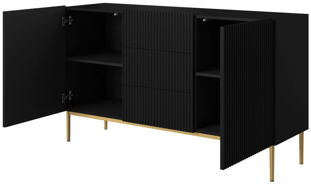 Komoda Nicole 150 cm z szufladami i ryflowanym frontem - czarny mat / złote nóżki