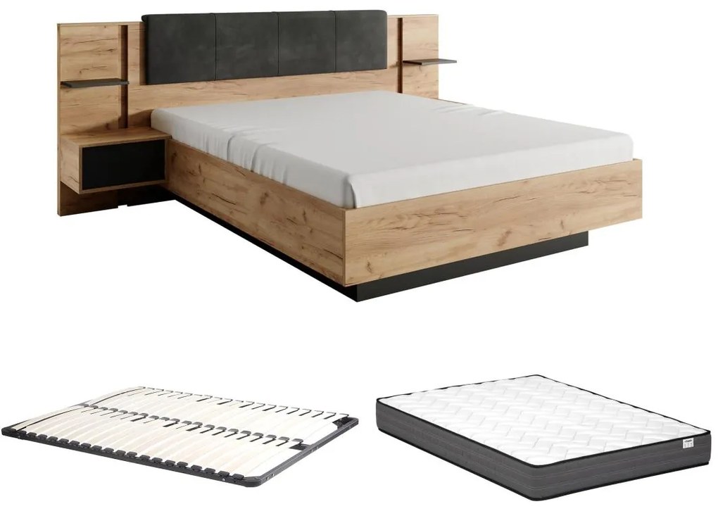 Łóżko z szafkami nocnymi 140 x 190 cm - Z oświetleniem LED - Naturalny i antracytowy + Stelaż + Materac - ELYNIA