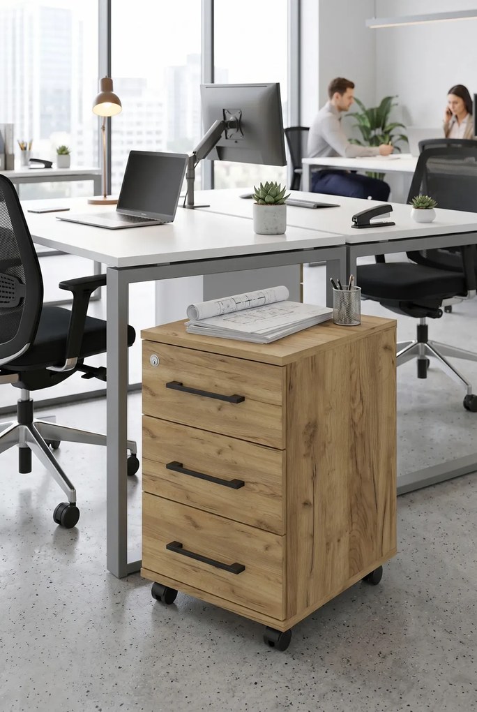 Zamykany Kontenerek Biurowy Z Szufladami Na Kółkach Dąb Craft S7-R86