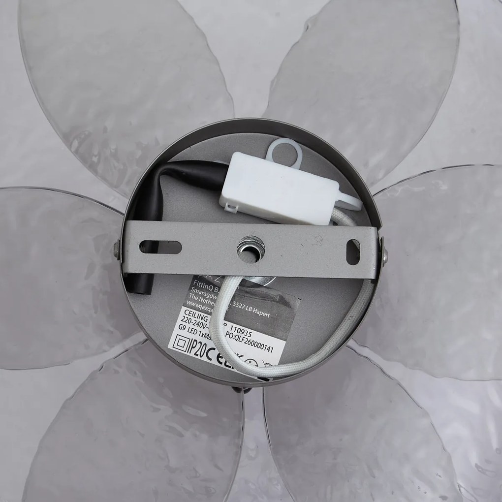Designerska lampa sufitowa srebrna z przydymionym, żebrowanym szkłem - Kemner